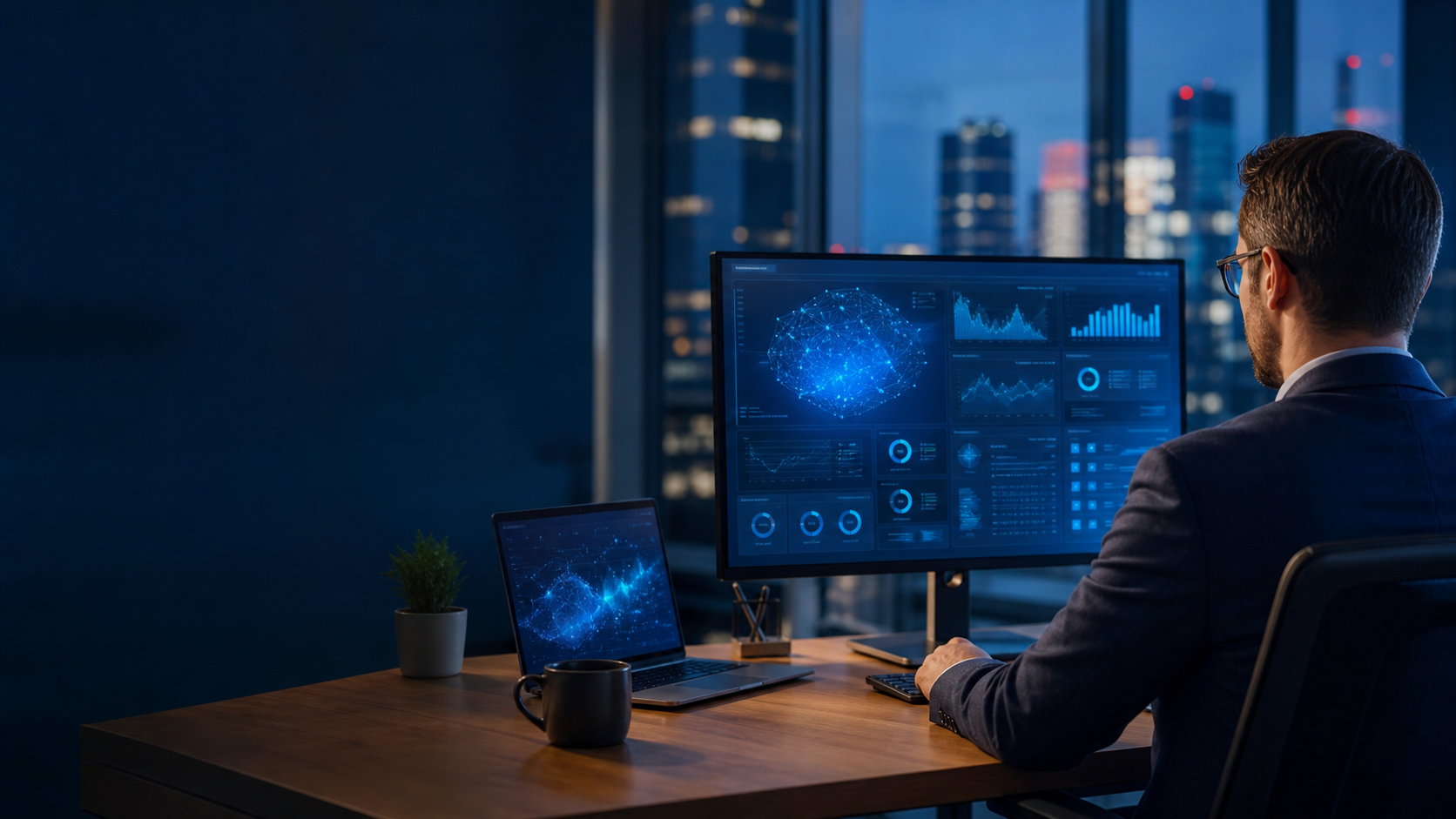 A business professional reviewing an AI platforms dashboard in a city office.